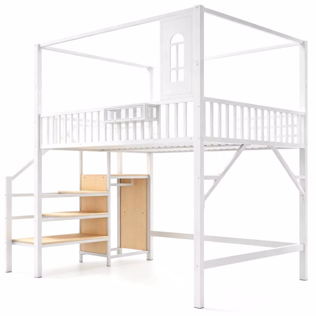 Letto a soppalco Minimal in metallo bianco con scala e scomparti laterali L/P/H: 200 x 140 x 175 cm – 2