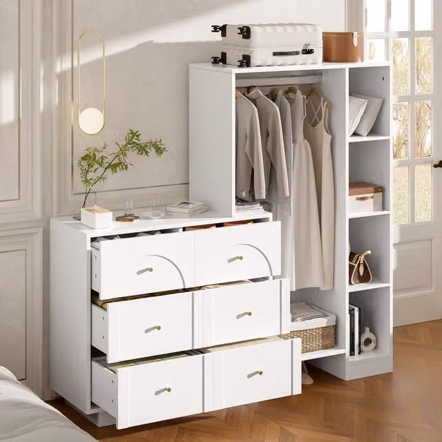 Armadio multifunzione moderno REDOM con cassetti e ripiani, Bianco e Oro, L/P/H: 139 x 35 x 133 cm