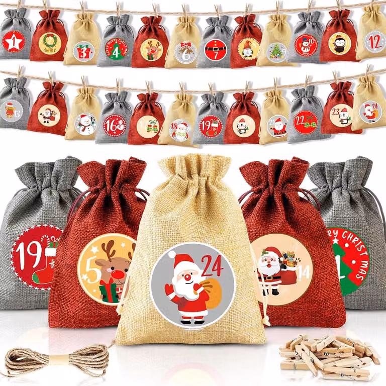 24 sacchetti per calendario dell'avvento da riempire, calendario di Natale 2025, sacchetti in juta di 18 x 13 cm, sacchetti per calendario dell'avvento per bambini