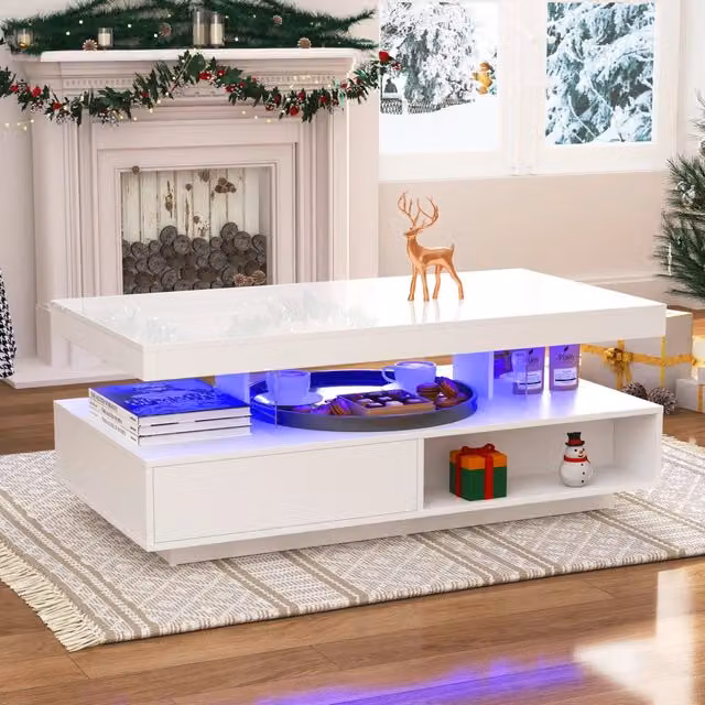 Tavolino da salotto LED con 2 cassetti a pressione e 2 vani aperti, piano lucido con 4 inserti in vetro, bianco
