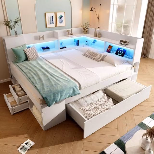 Letto Matrimoniale 140x200 cm Bianco in Legno con Cassetti; Mensole; Prese USB e Illuminazione LED