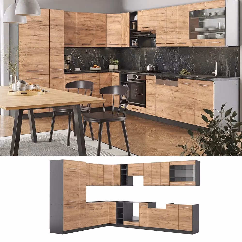 Cucina angolare moderna Vicco Fame-Line in rovere dorato e antracite, senza piano di lavoro, L: 347 cm x P: 257 cm – 2