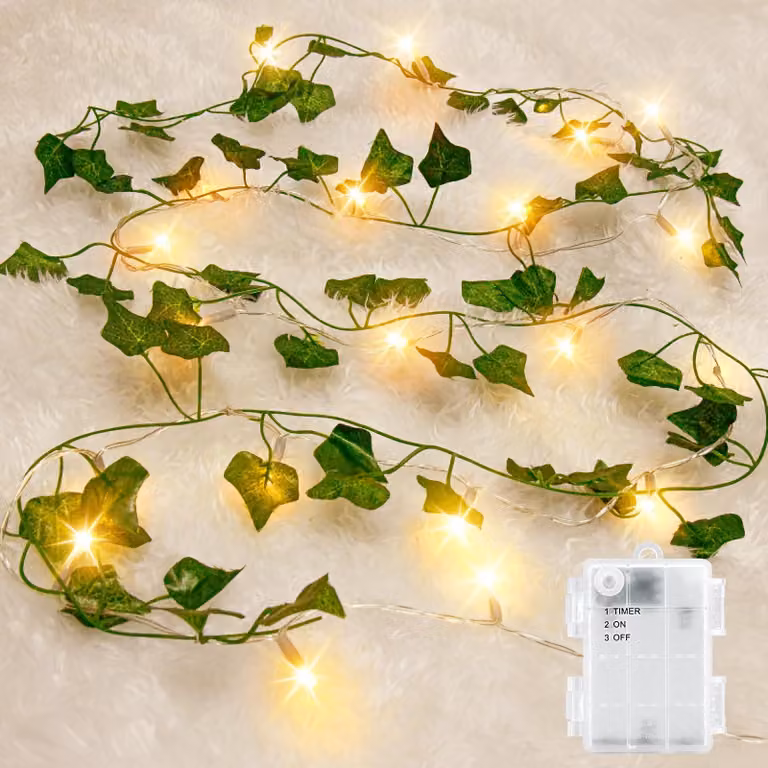 Catena luminosa a LED a forma di edera, 2 metri, 20 LED, verde, grado di protezione IP65, alimentazione a batteria