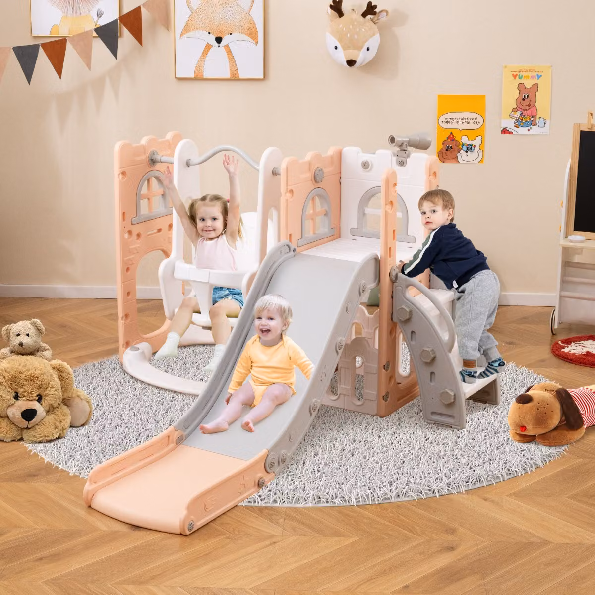 Costway Set di gioco 7 in 1 per bambini con scivolo, altalena, canestro da basket e telescopio, struttura a forma di L con spazio portaoggetti, Grigio e Rosa