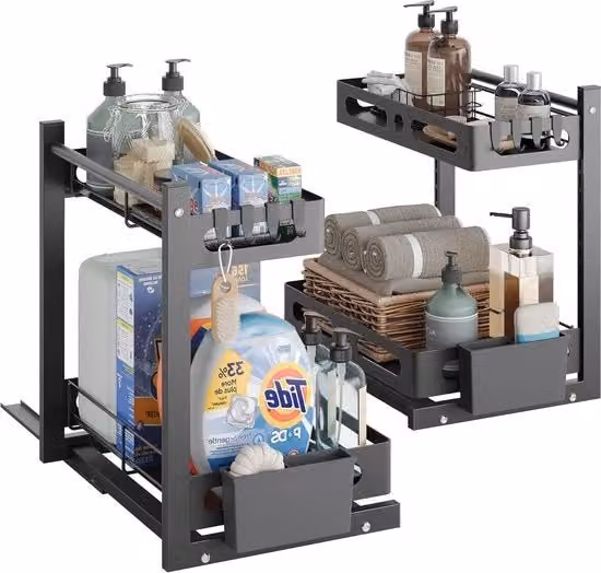 Set di 2 organizzatori per lavastoviglie a 2 piani - mobile da cucina estraibile - organizzatore multifunzionale per cucina e bagno - nero