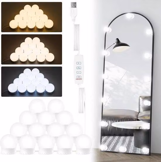 14 lampade a LED per specchio da trucco - Luce da trucco con 3 colori - Cavo USB - Accessorio per specchio