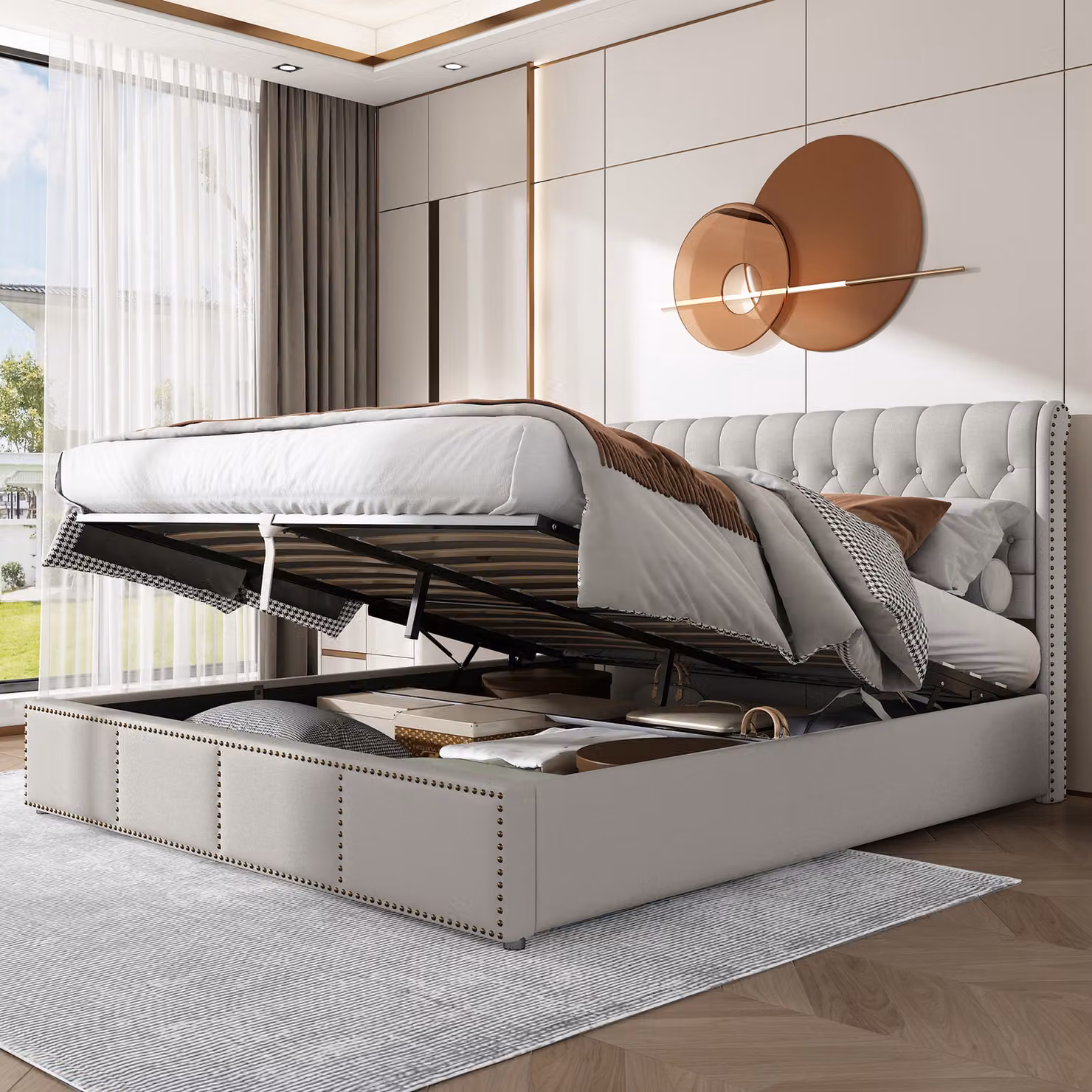Letto imbottito Sweiko, letto contenitore con testiera e rete a doghe, lino, 160*200cm