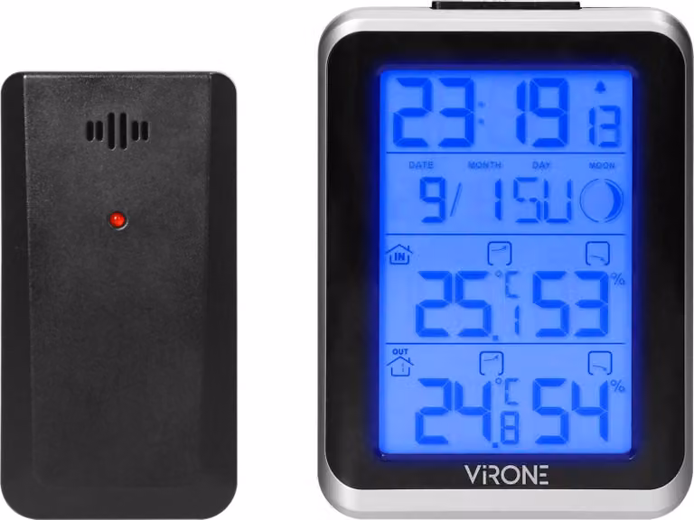 Stazione meteorologica con orologio e trasmettitore esterno VIRONE WS-3, temperatura e umidità interna ed esterna, calendario, sveglia, alimentazione a batteria