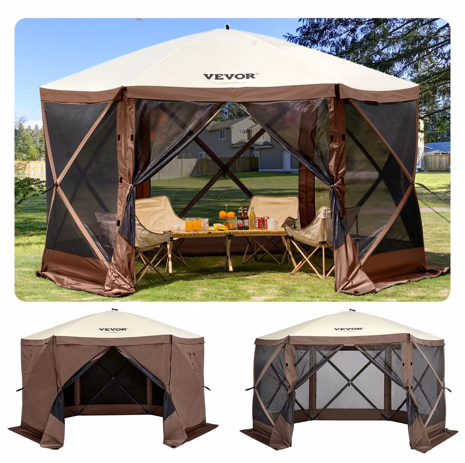 Tenda gazebo VEVOR, 3,6 x 3,6 m, tenda pop-up da campeggio a 6 lati con finestre a rete, borsa portatile per il trasporto, picchetti, grandi tende da ombra per il campeggio all'aperto, il prato e il cortile