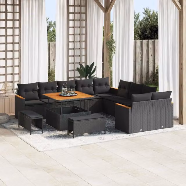 Set Divano da Giardino a Forma a U vidaXL in Polyrattan Nero con Cuscini e Tavolino da Caffè