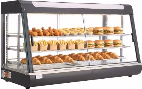 Vevor Vetrina Calda per Alimenti a 3 Livelli, Espositore Scaldavivande Elettrico da 1600 W con Luce LED e Ripiani Regolabili, Colore Nero