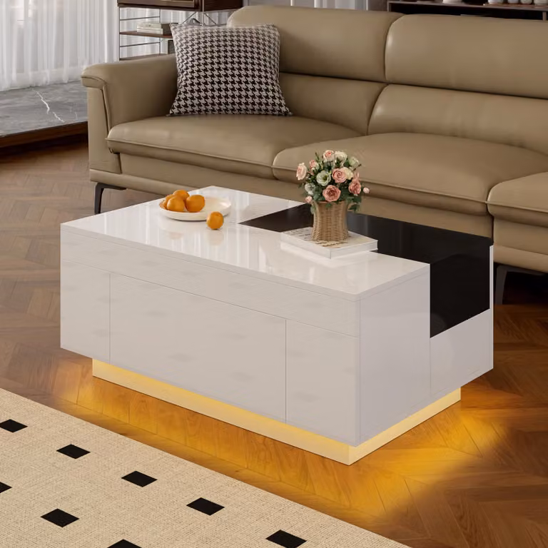 Tavolino Merax lucido con illuminazione a LED, tavolino da divano allungabile con cassetto, app Bluetooth, striscia luminosa a 16 colori, tavolino moderno bianco