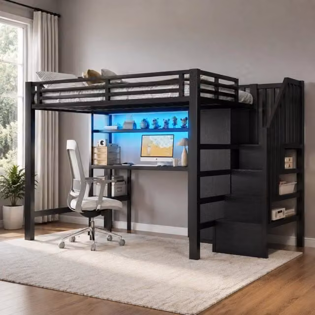 Letto a soppalco in metallo 140x200 cm con scrivania; armadio; mensola e LED; nero