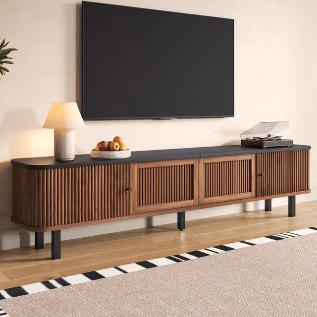 Mobile TV REDOM in noce con ante scorrevoli e anta a griglia, L 190 cm, P 35 cm, H 45 cm