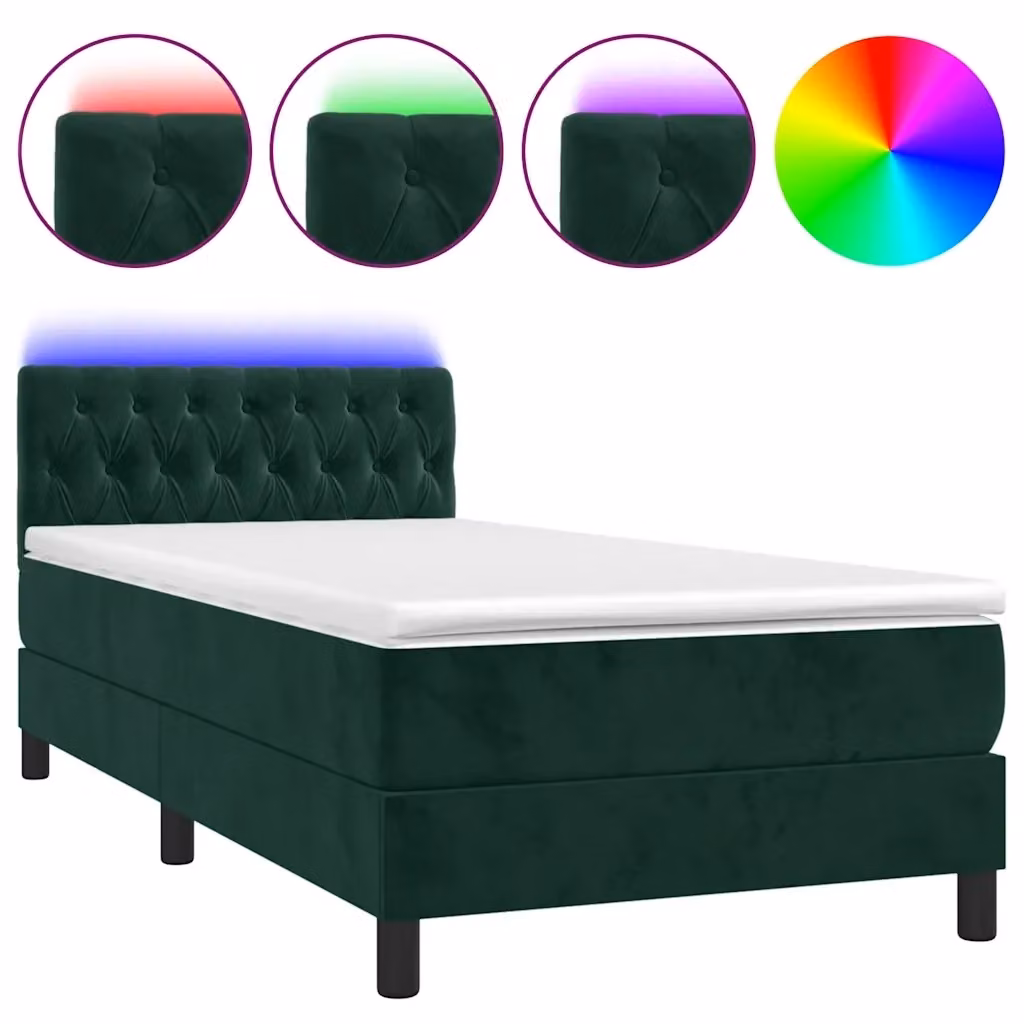 Letto a Molle con Materasso e LED vidaXL in Velluto Verde Scuro, L/P: 100 x 200 cm – 2