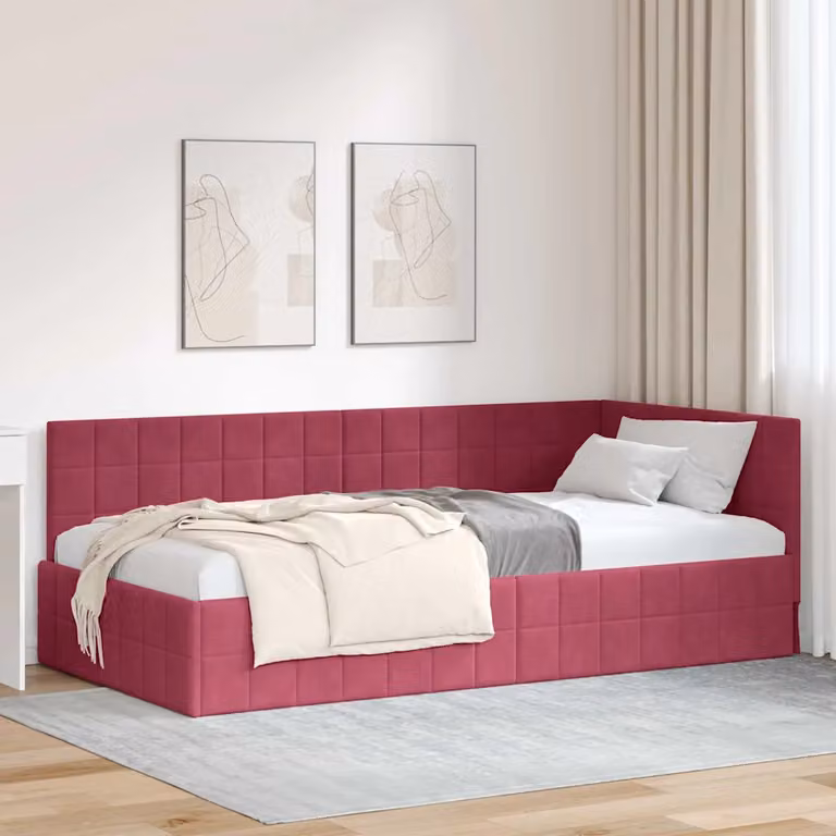 Cornice del letto ad angolo vidaXL in velluto rosso con doghe in legno L/P/H: 190 x 90 x 72 cm
