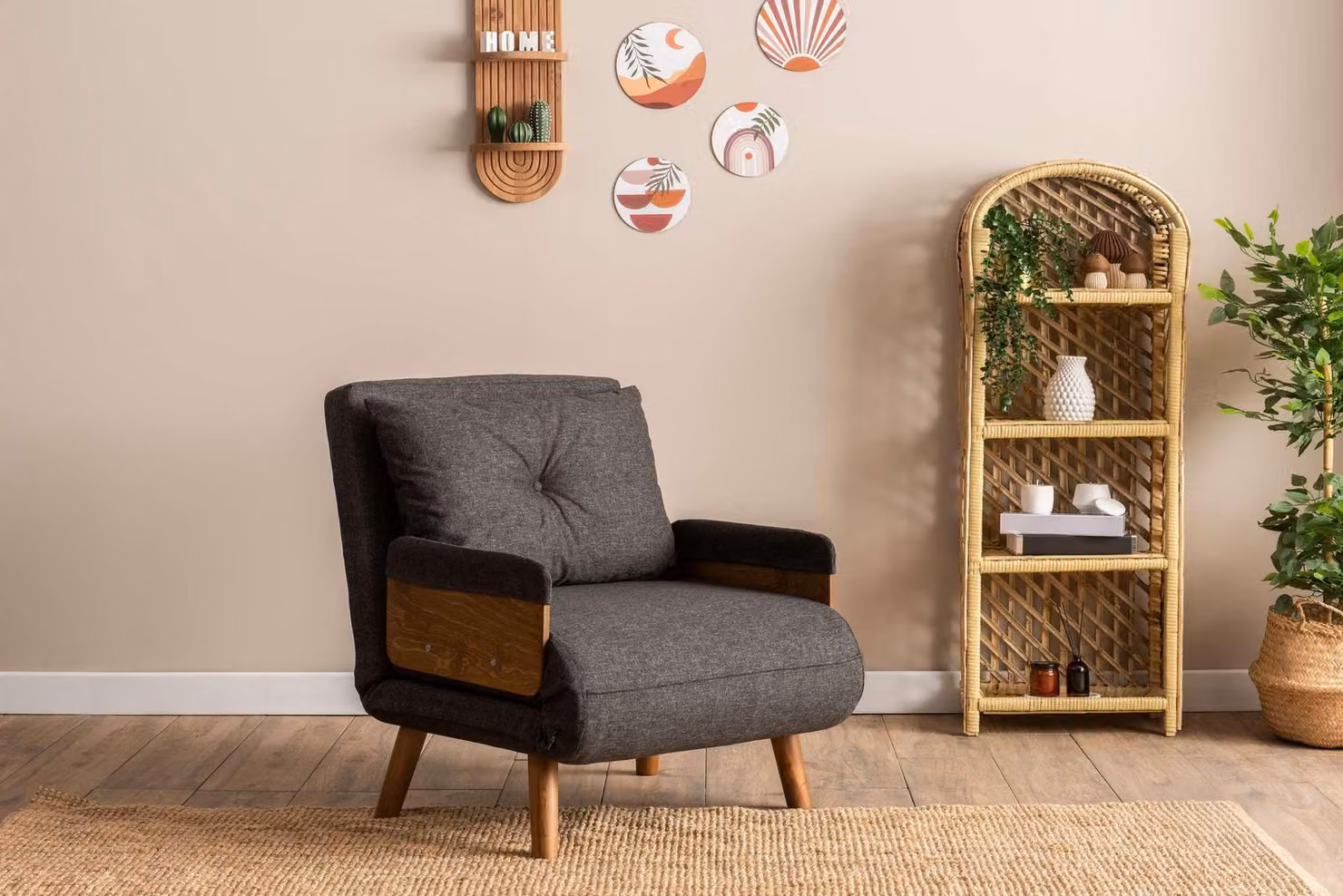 Hanah Home, Cosmo Single - Dark Grey, divano letto a 1 posto, grigio scuro, 100% POLIESTERE, 77 x 70 x 82 cm