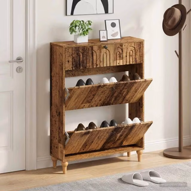 Mobile porta scarpe moderno vidaXL in legno e metallo, marrone e nero, L/P/H: 78 x 24 x 103 cm