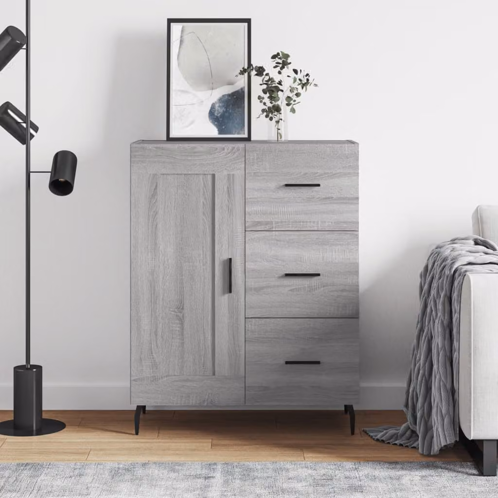 Credenza moderna vidaXL in legno multistrato e metallo, Grigio Sonoma, L: 69,5 cm, P: 34 cm, H: 90 cm