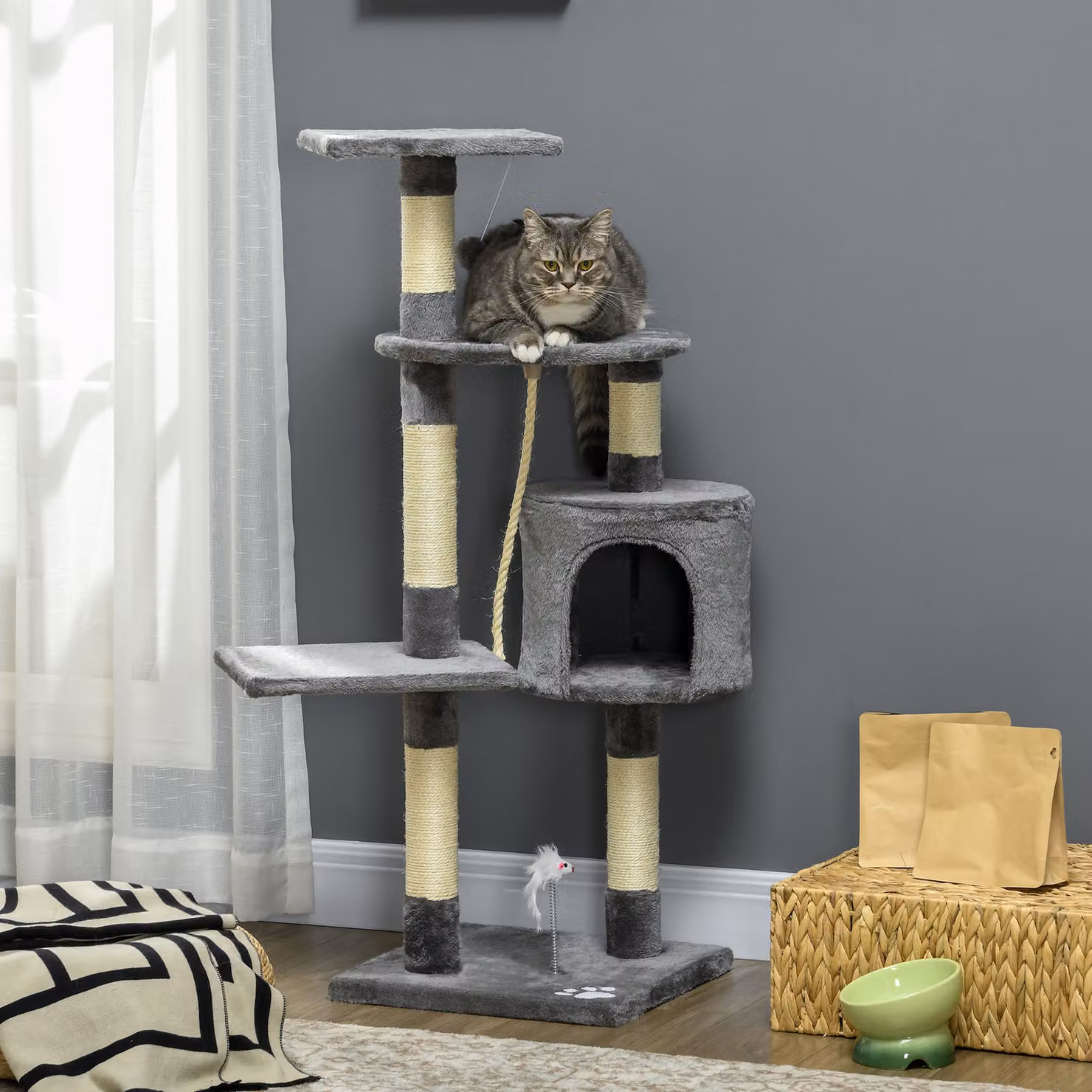 Albero per gatti PawHut con pali in sisal, cuccia, piattaforme e giocattoli integrati, Grigio Scuro, Altezza: 116 cm – 2
