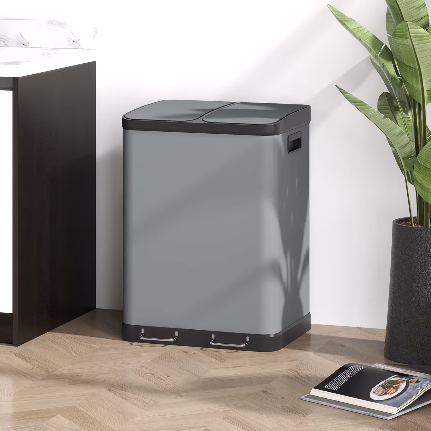 Pattumiera a doppio scomparto HOMCOM con pedale e secchi estraibili, Grigio, 2x30 L – 2