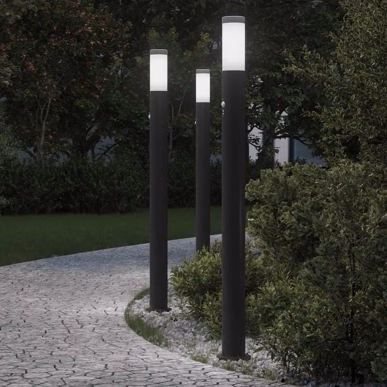 Set di 3 lampioni a paletto vidaXL con sensore di movimento, colore nero, in acciaio inox e metallo, IP44, Altezza: 110 cm