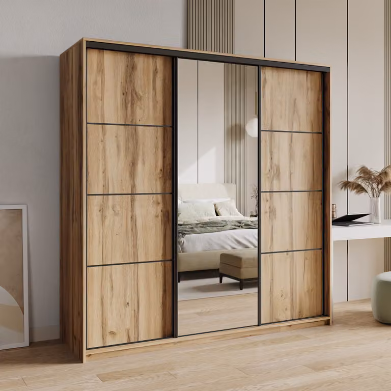 Armadio scorrevole Masseno VARO 200/205/60 cm Armadio con cassetti Armadio per camera da letto a 3 ante con specchio Rovere Wotan + Nero