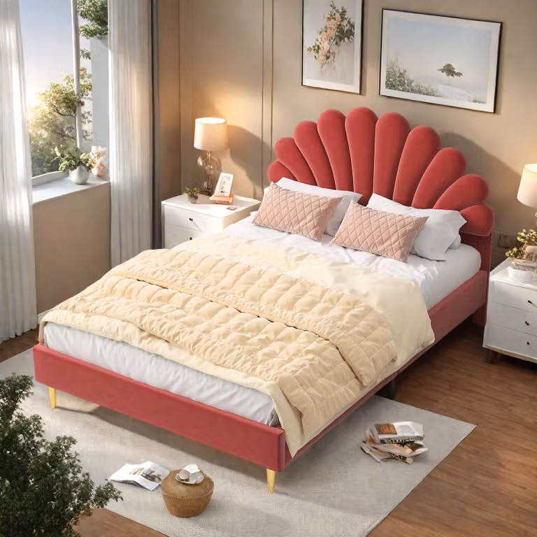 UnboxG Letto imbottito 140 x 200 cm Struttura letto letto singolo Letto matrimoniale di design Letto con rete a doghe Testiera con supporto a doghe in legno in rosso, struttura letto