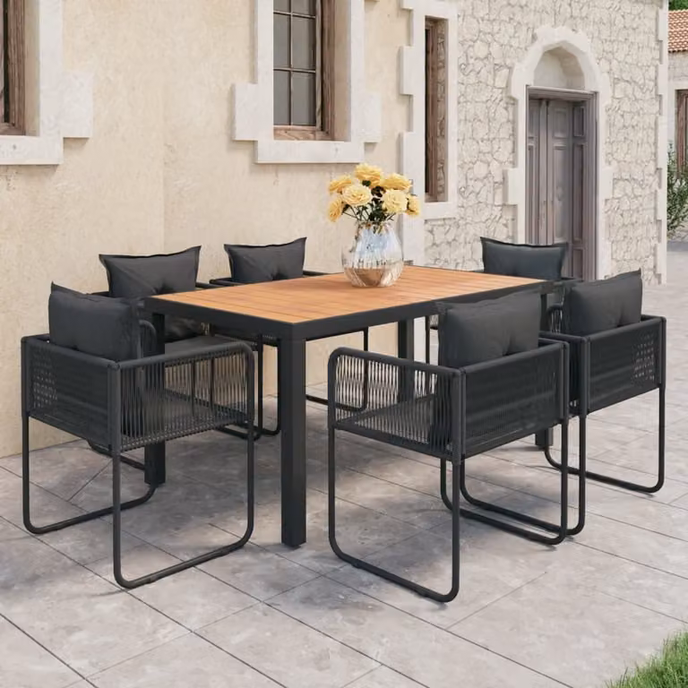 The Living Store Set da pranzo da giardino 7 pezzi in rattan PVC nero e marrone