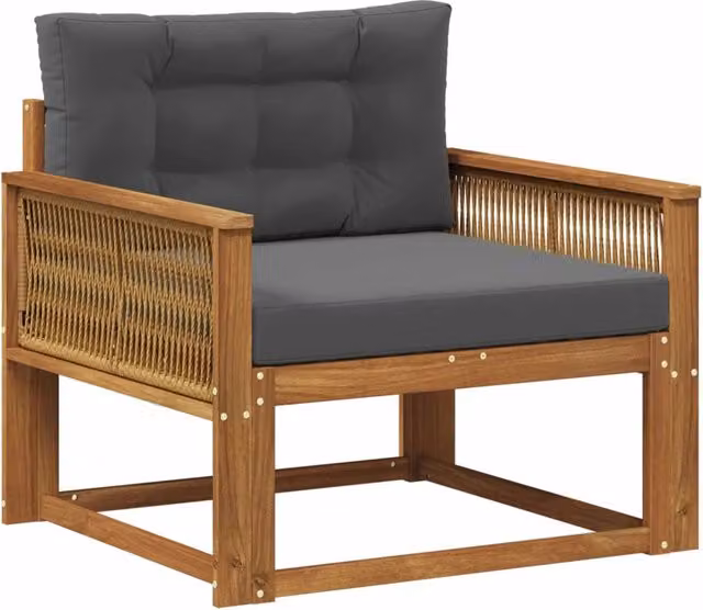 Divano centrale per esterno in legno di acacia con cuscini inclusi, colori marrone, antracite e grigio