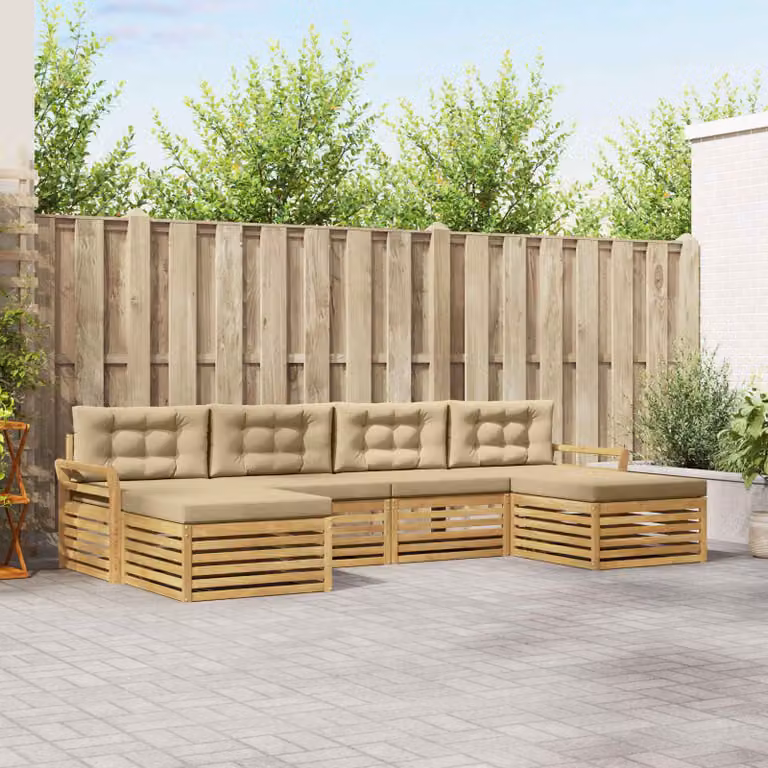 vidaXL Set di divani da esterno a L in legno di acacia con pouf, colore bianco e beige
