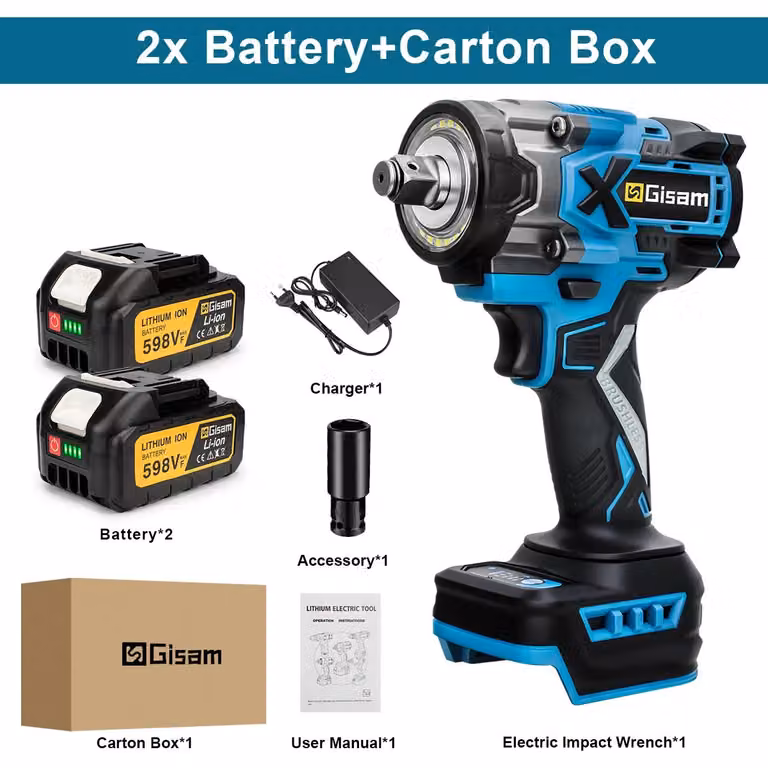 Avvitatore a percussione a batteria - 18V, motore brushless - Coppia di 900 Nm - Attacco quadrato da 1,27 cm - Senza fili, con 2 batterie - Confezione in cartone