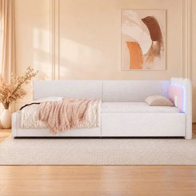 Letto da giorno moderno con luce ambientale LED sottostante, struttura imbottita in tessuto bianco, L/P/H: 200 x 90 x 69 cm