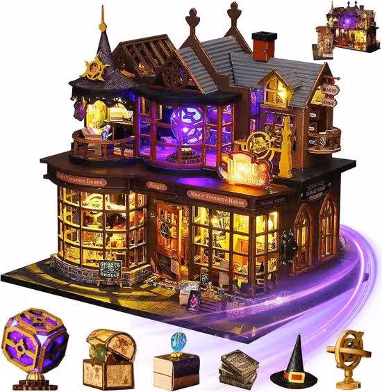 Kit di montaggio per una mini casa in legno, con illuminazione a LED, per bambini e adulti