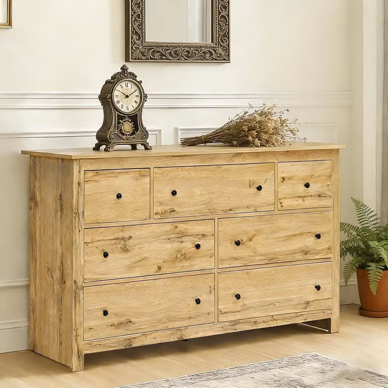 Comò con 7 cassetti, mobile contenitore in legno naturale, credenza, mobiletto contenitore moderno, finitura in legno