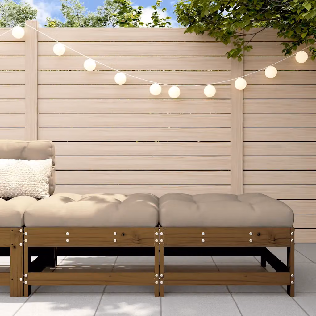 Set di 2 poggiapiedi da giardino vidaXL in legno di pino massello color ambra con cuscini beige