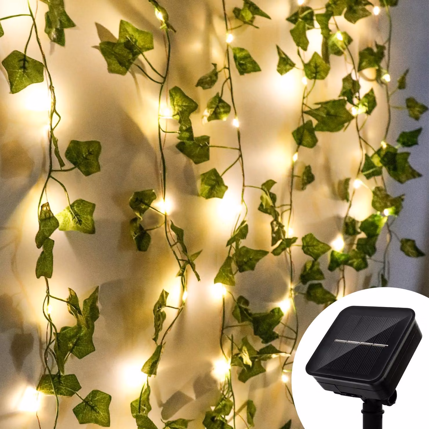 Catena luminosa solare a forma di edera, 10 metri, 100 LED, 8 modalità, grado di protezione IP65, colore verde