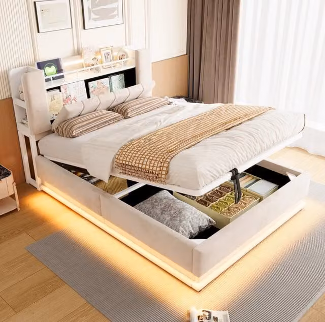Letto imbottito 140x200 cm con LED, USB, contenitore idraulico e struttura in metallo beige