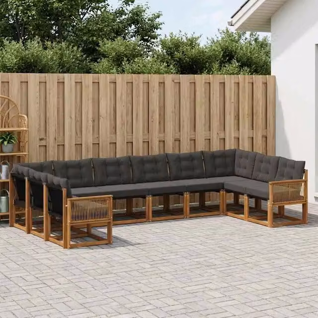 Set di divani da esterno vidaXL a forma di L con cuscini, struttura in legno di acacia trattato e tessuto textilene, colore marrone e nero – 1