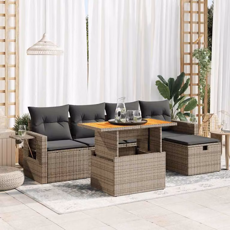 Set Divano da Giardino vidaXL 6pz a Forma di L in Polyrattan e Legno di Acacia Grigio con Cuscini