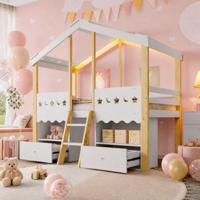 Letto per bambini REDOM a forma di casa in legno di pino bianco e naturale L/P: 200 x 90 cm
