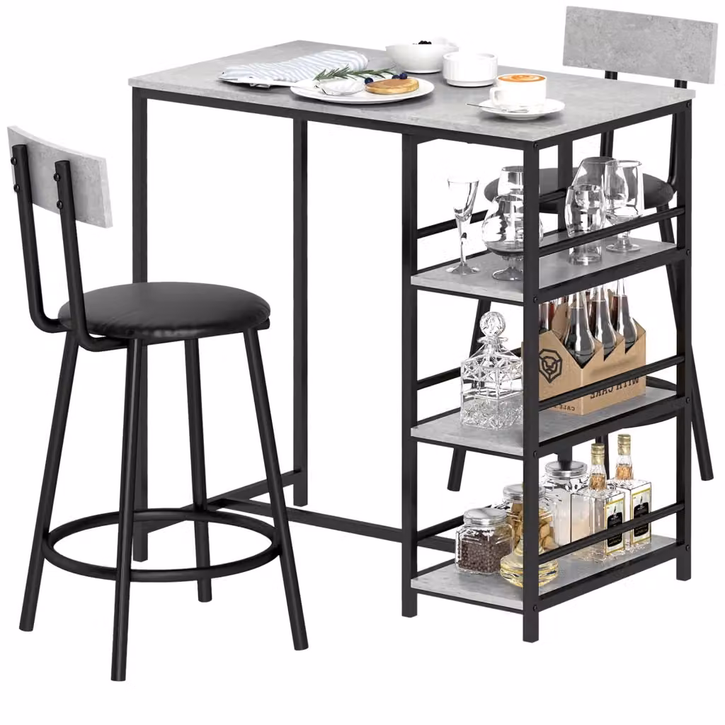 Set tavolo da bar Xylo con 2 sgabelli e ripiani, grigio e nero – 2