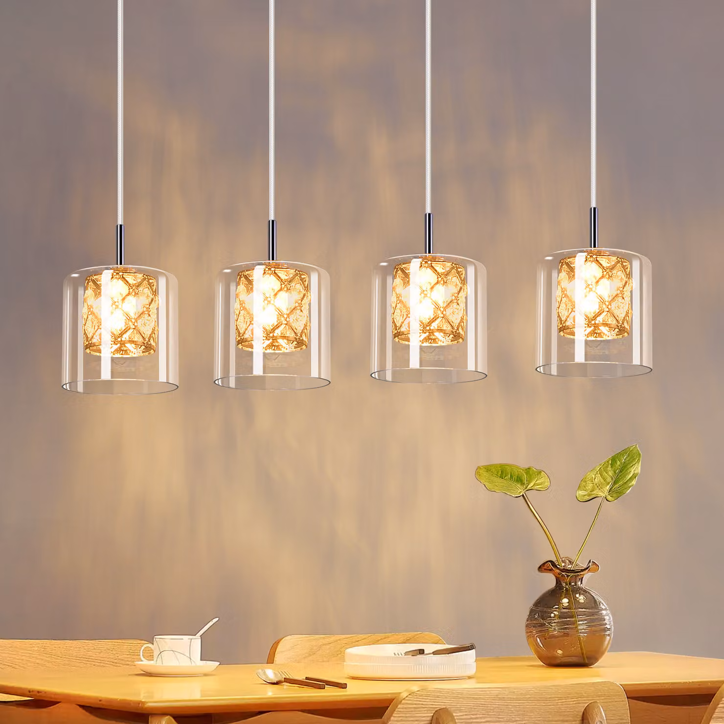 ZMH Lampada a sospensione a 4 fiamme Lampada da tavolo in vetro G9 Lunga Lampada da sala da pranzo Luce a sospensione in cristallo 120CM Altezza regolabile Moderna