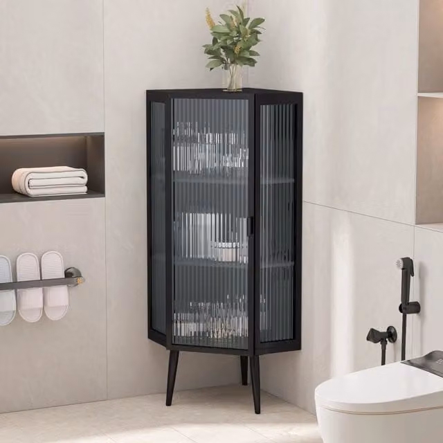 Mobile angolare 56x42.5x110 cm salvaspazio in metallo e vetro temperato nero