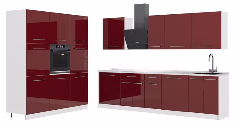 Cucina componibile Vicco Fame-Line Bordeaux lucido/Bianco 460 cm, PL Marmo, Model 63835