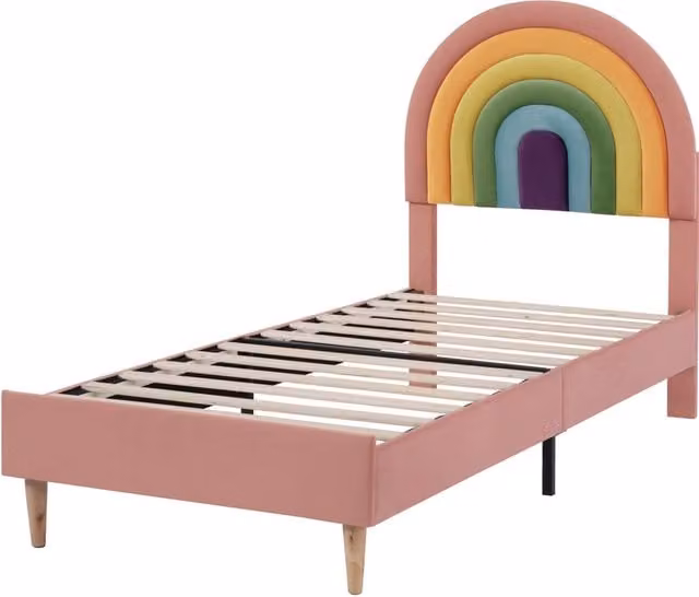 Letto imbottito 90x200 cm con rete a doghe regolabile e testiera in velluto rosa