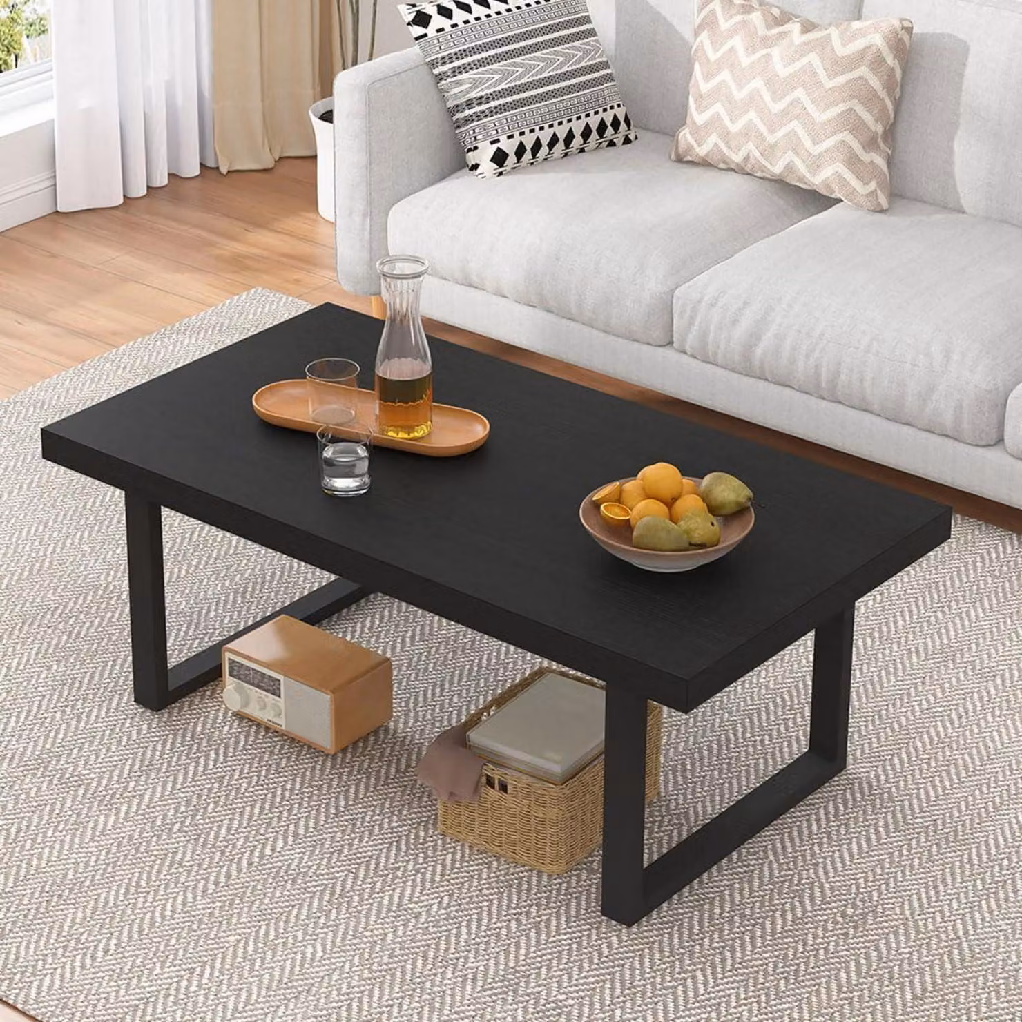 Tavolino da caffè 100 cm, nero, stile industriale, per soggiorno, da utilizzare davanti al divano, in legno e metallo