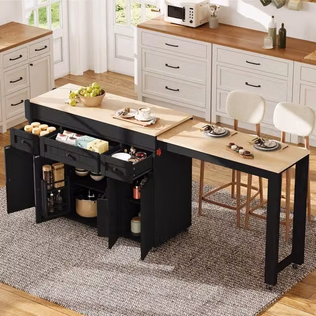 Isola da cucina su ruote con piano estraibile laterale da 112 a 180;6 cm; portaspezie e cassetti; nero