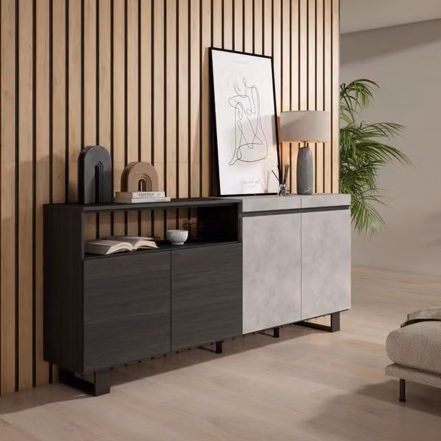 Credenza, Mobile, 200x35x87cm, 4 Porte, Design industriale, grigio cemento RF2408