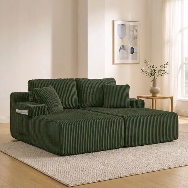Divano 2 posti multifunzione; poltrona relax e letto; in velluto a coste verde